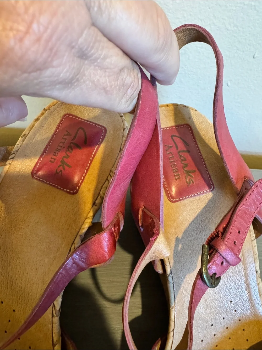 Clarks Womens Ankle Strap Sandals Red Beige Leather Cork High Heel Buckle 12M